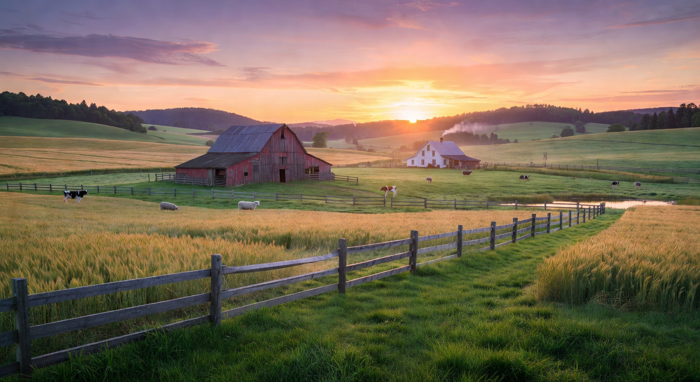Beautiful countryside farm landscape at sunrise